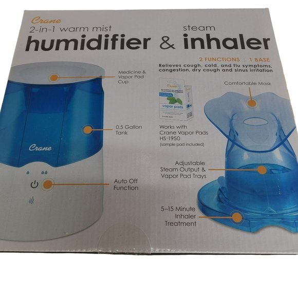 Crane 2 in 1 Warm Mist Humidifier & Steam Inhaler + 12 Soothing Vapor Pads NWT - Picture 9 of 13